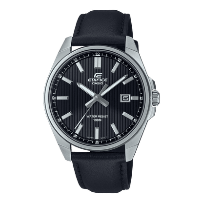 Casio Edifice Damenarmbanduhr mit schwarzem Lederband, schwarzem Zifferblatt und Indexen