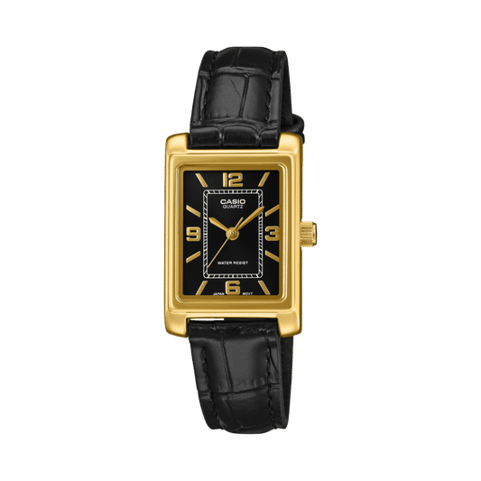 Casio Damenarmbanduhr: goldenes Tonneau-Gehäuse, schwarzes Zifferblatt, Lederband