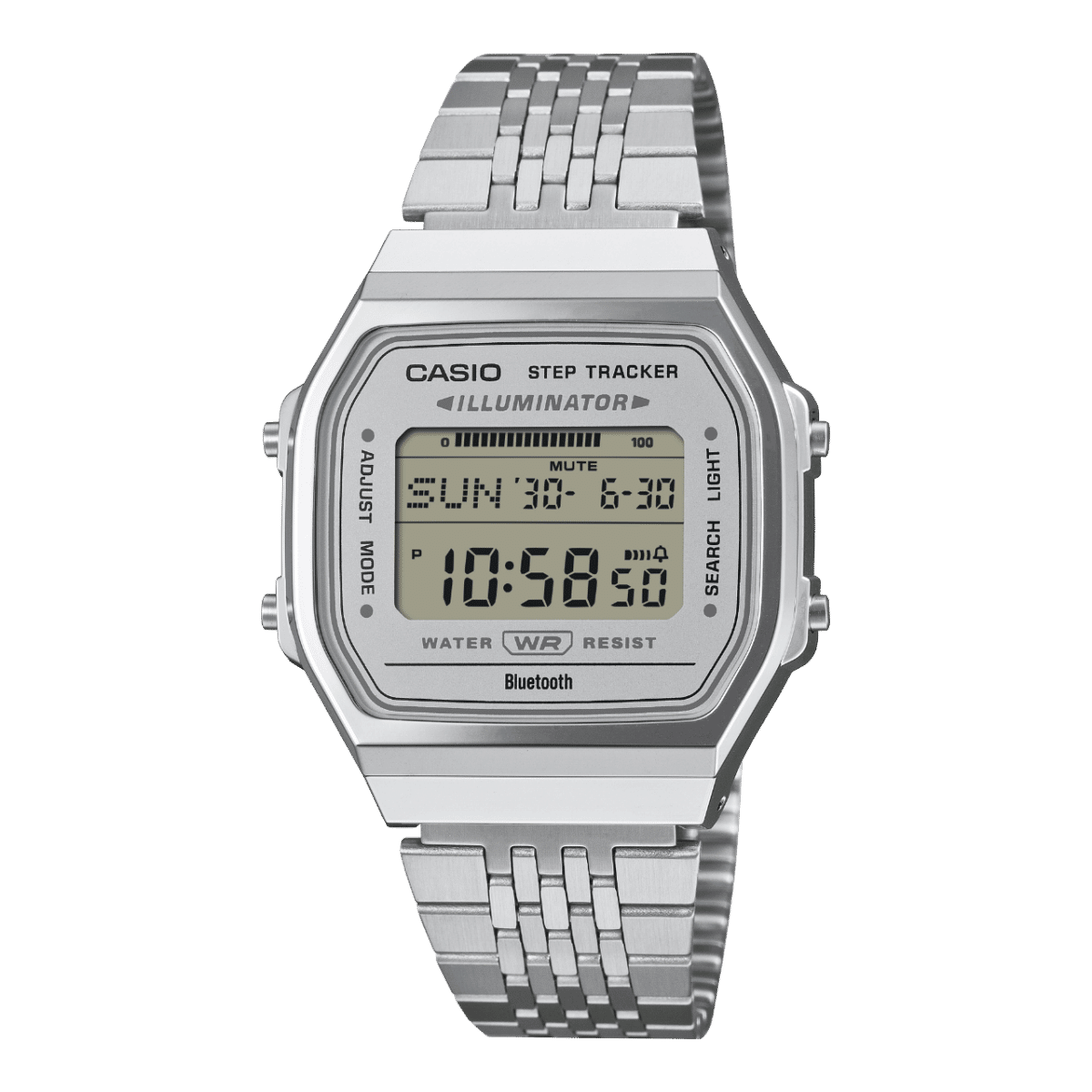 Casio Vintage Armbanduhr mit Metallband, rechteckigem Digitaldisplay und Step-Tracker