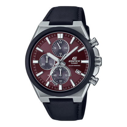 Casio Edifice Herrenuhr mit dunkelrotem Zifferblatt, Chronograph und Lederarmband
