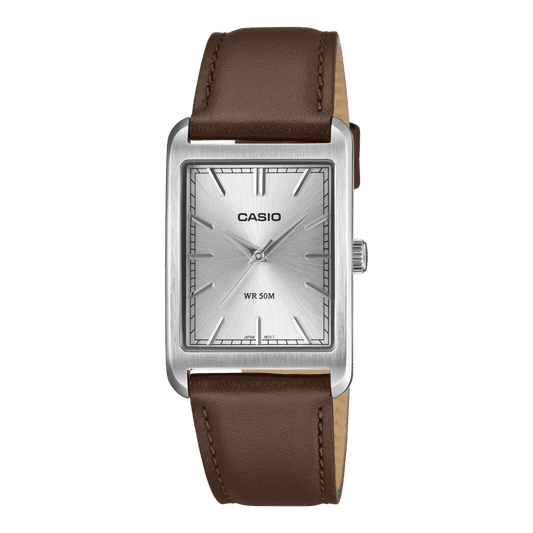 Casio Herrenuhr mit quadratischem Zifferblatt, braunem Lederarmband und Mineralglas