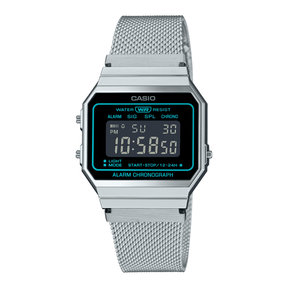 Casio Vintage A700WEMS-1BEF Digitaluhr mit Metall-Ziffernblatt und Mesh-Edelstahlarmband