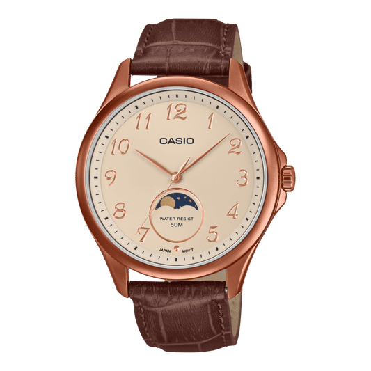 Casio Herrenuhr mit Mondphasenanzeige, roségoldfarbenem Edelstahlgehäuse, Lederarmband