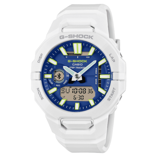 Herren-Armbanduhr mit weißem Kunststoffarmband, rundem blau-grünem Zifferblatt und Digitalanzeige
