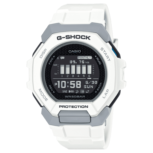 Herrenuhr mit G-Shock-Lünette, weiß-grauem Gehäuse und schwarzem Digitaldisplay