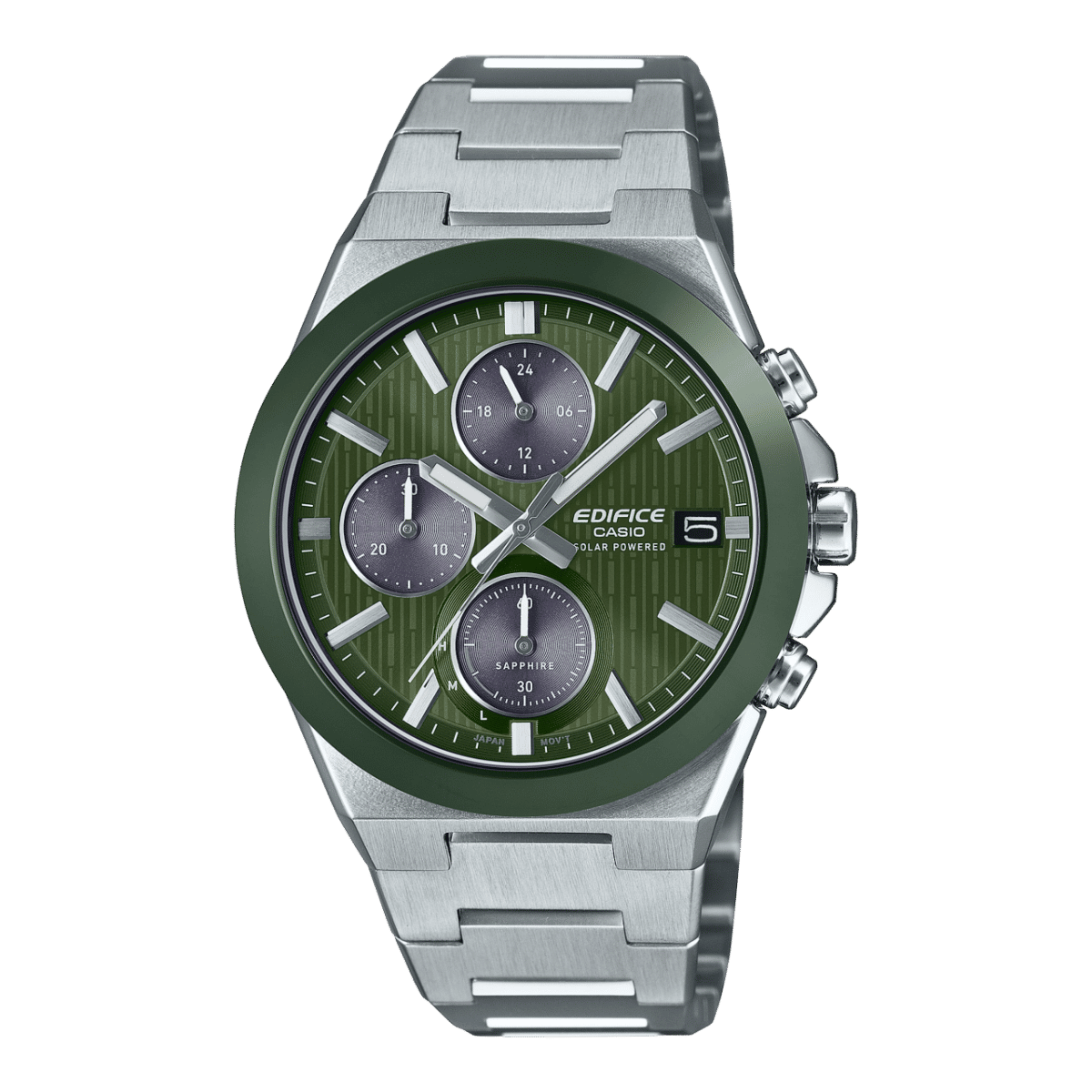 Casio Edifice Herrenuhr: grünes Zifferblatt, Chronograph, silbernes Edelstahlband