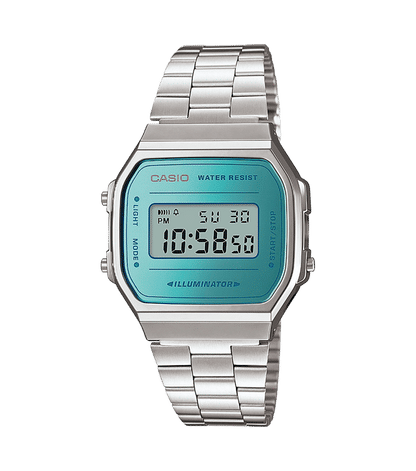 Casio Vintage A168WEM-2EF Armbanduhr Blaugrün • Elektrolumineszierende Hintergrundbeleuchtung • 1/100-Sek.-Stoppuhr