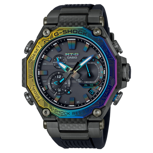 Casio G-Shock Herrenuhr mit schwarzem Gehäuse, Regenbogen-Lünette und blauem Zifferblatt