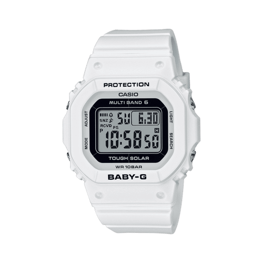 Casio Baby-G Solar Funkuhr, digitale Anzeige, weißes Kunststoffgehäuse, Schutzschale