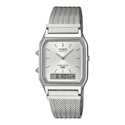 Casio Vintage AQ-230EM-7AEF Armbanduhr Silber • Mesh-Armband • Analog-Digital