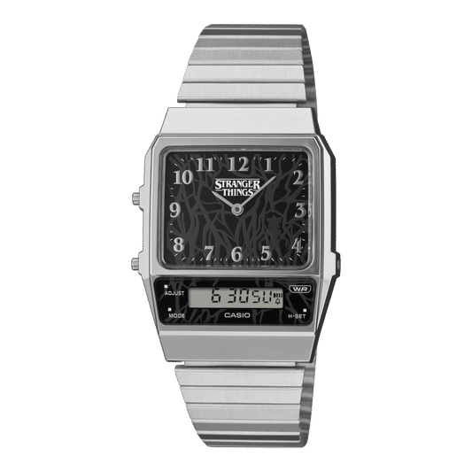 Casio Vintage Armbanduhr mit Analog-Digital-Display, schwarzes Zifferblatt, silbernes Edelstahlband