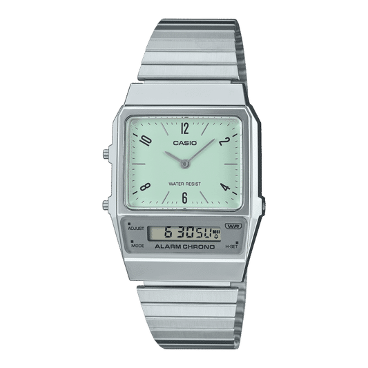Casio Armbanduhr mit grünem Zifferblatt, analog-digital Anzeige und Metallarmband