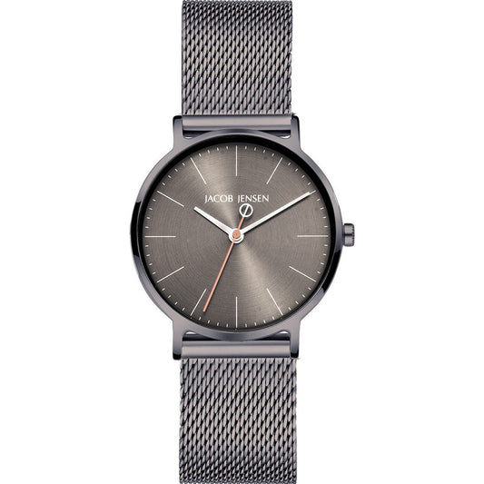 Damenarmbanduhr mit rundem grauem Zifferblatt, Metallarmband und orangefarbenem Sekundenzeiger