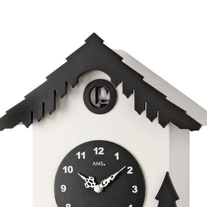 Zegar ścienny AMS Tuningen W7391 czarno-biały • Mechanizm kwarcowy z wahadłem • Kukanie z funkcją wyłączania na noc