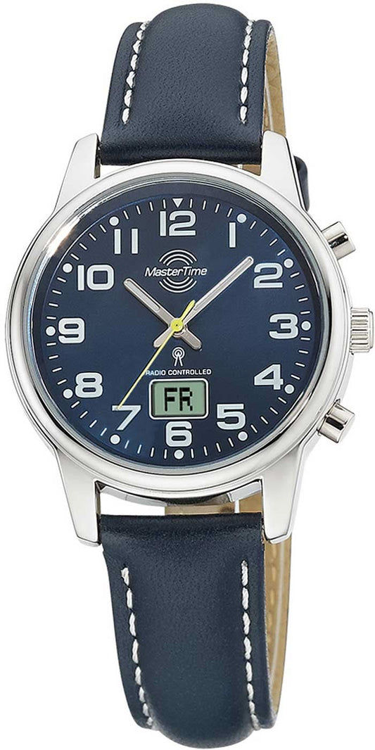 Damenuhr mit blauem Lederarmband und dunkelblauem Zifferblatt mit Datumsanzeige „FR“