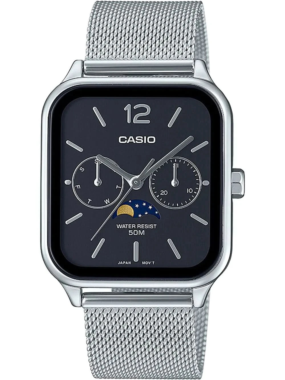 Herrenuhr mit Edelstahl-Meshband, dunklem Zifferblatt und Mondphasenanzeige, CASIO