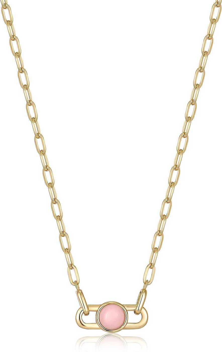 Halskette mit Anhänger: goldfarbene Gliederkette und rosa Tropfenstein