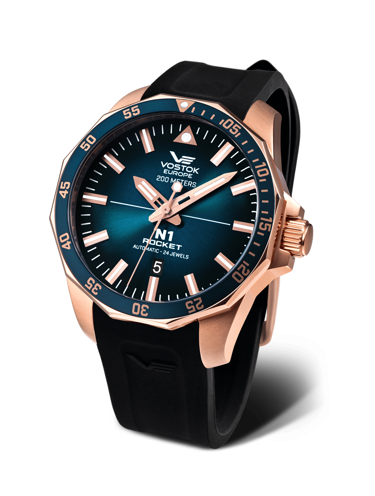 Vostok Europe Herrenuhr mit blauem Zifferblatt, roségoldener Lünette und schwarzem Band