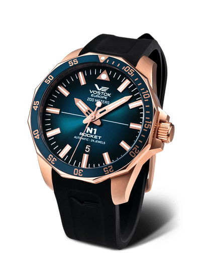 Vostok Europe Herrenuhr mit blauem Zifferblatt, roségoldener Lünette und schwarzem Band