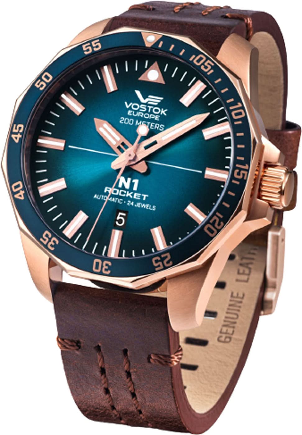 Vostok Europe Herrenuhr mit roségoldenem Gehäuse, blauem Zifferblatt und braunem Lederband