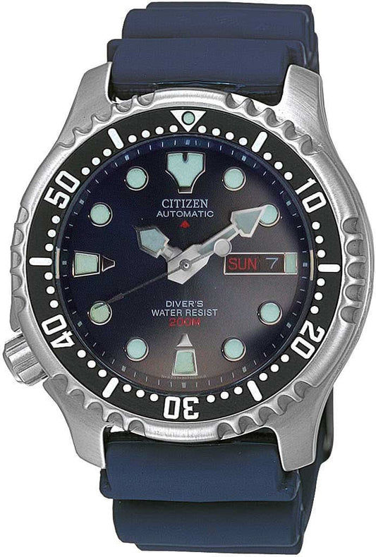 Herrenarmbanduhr mit blauem Silikonband, schwarzem Zifferblatt und Taucherlünette