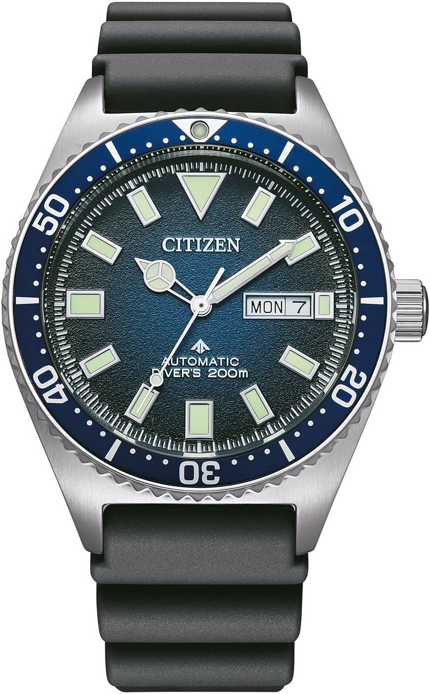 Herrenuhr mit blauem Zifferblatt, schwarzer Lünette und schwarzem Kautschukarmband