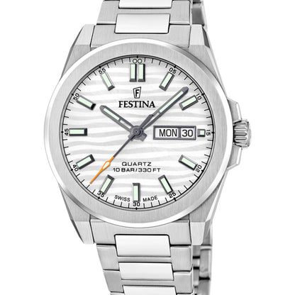 Festina Herrenuhr silberfarben, weißes Zifferblatt mit Indexen und Datumsanzeige MON 30