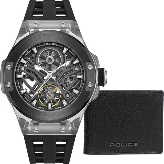 Police Cyclone PEWGR0082203-SET Herrenuhr Schwarz • Skelett-Automatikwerk • Mineralglas