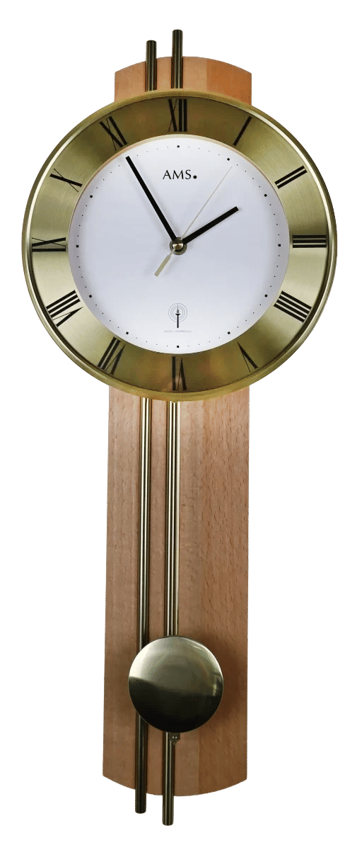 AMS Wanduhr Holz • Funkgesteuertes Uhrwerk • Klassisches Design mit Messingpendel