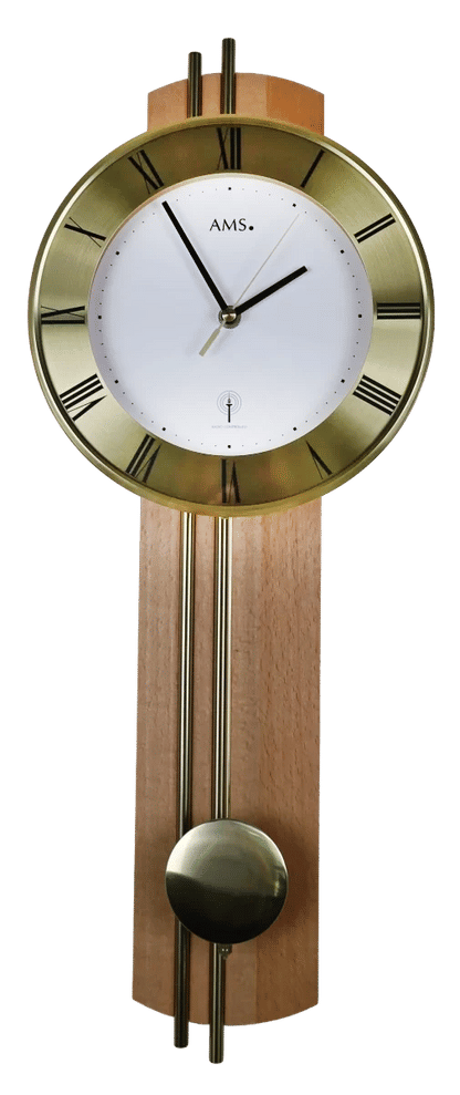 AMS Wanduhr Holz • Funkgesteuertes Uhrwerk • Klassisches Design mit Messingpendel