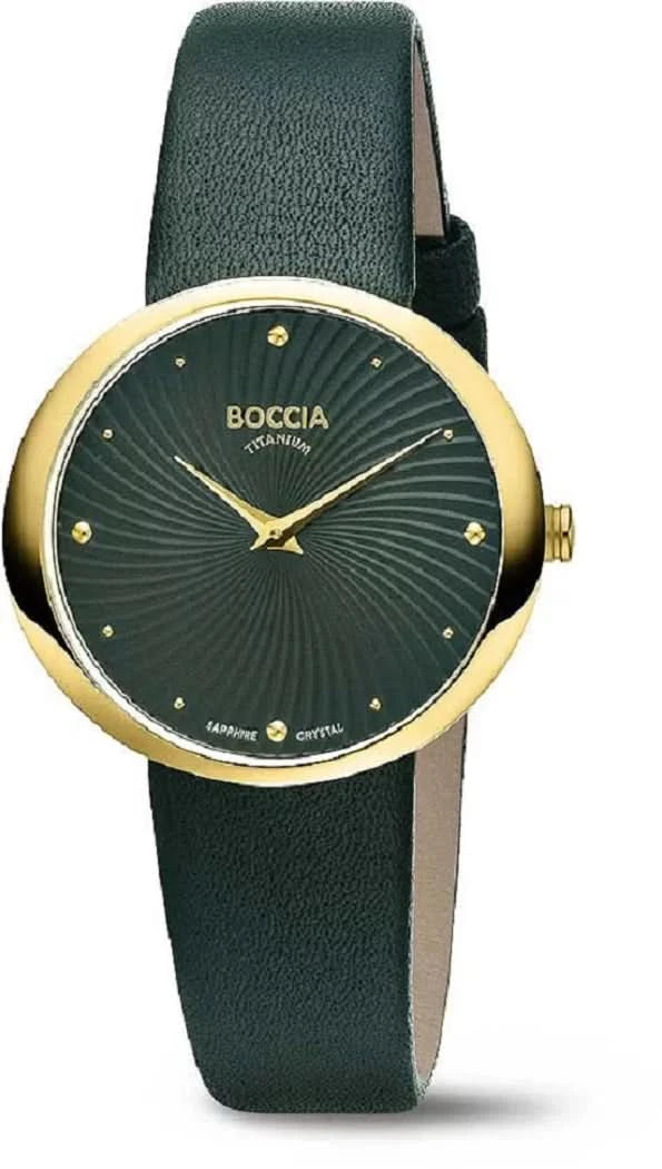 Boccia Damenuhr mit grünem Lederarmband, rundem Goldgehäuse und dunklem Zifferblatt