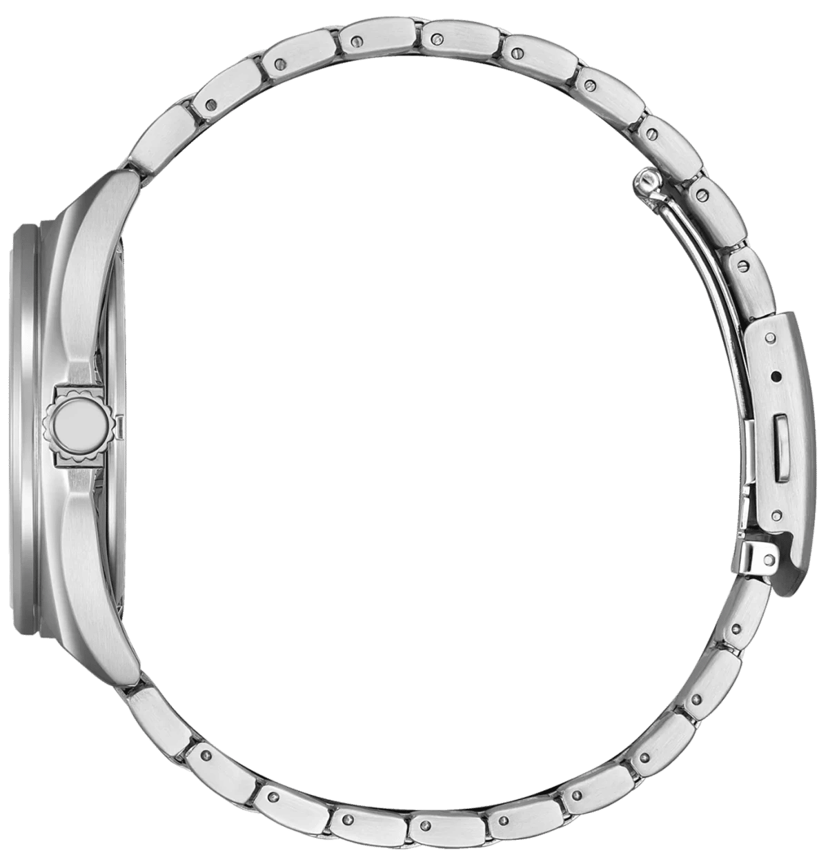 Herrenarmbanduhr, Seitenansicht mit Edelstahlgehäuse und Gliederarmband
