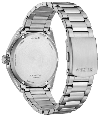 Herrenarmbanduhr, Rückansicht mit Edelstahlgehäuse und Gliederarmband