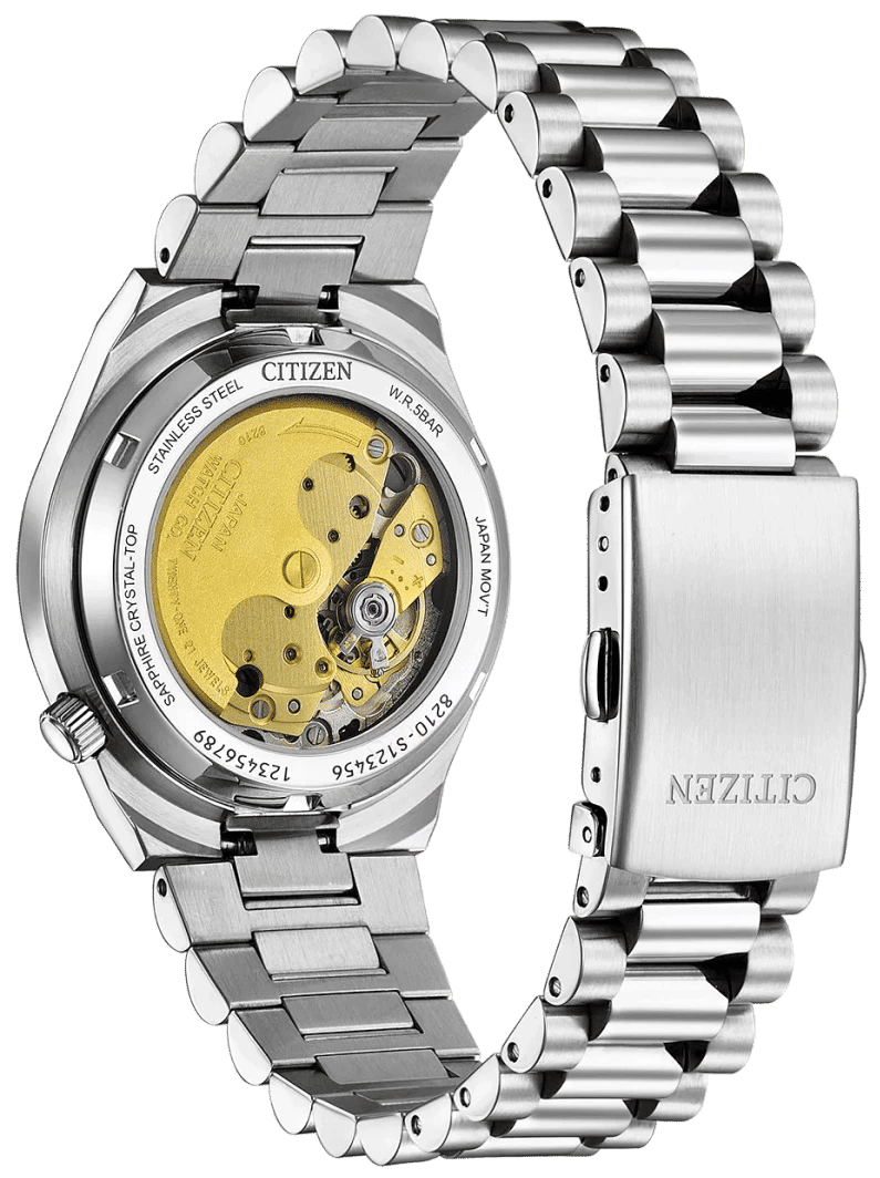 Herrenuhr mit sichtbarer Mechanik im Gehäuse, silbernes Edelstahlband