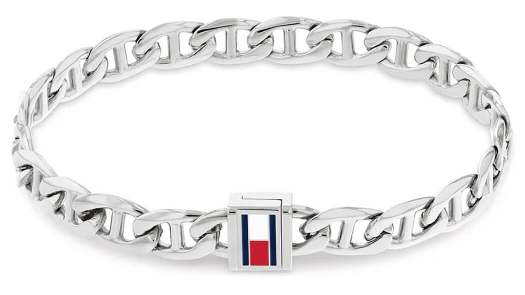 Herren-Gliederarmband aus Edelstahl mit rechteckigem Logo-Detail, silbern