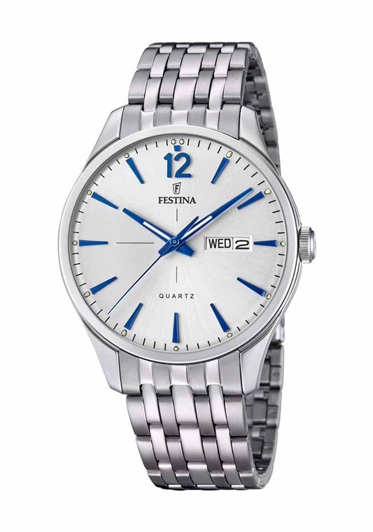 Silberne Herrenuhr mit Metallarmband, weißem Zifferblatt und blauen Zeigern, Datumsfenster