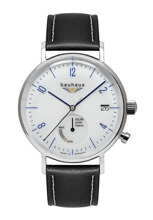 Herrenuhr mit schwarzem Lederarmband und weißem Zifferblatt, arabische Ziffern, Solar-Antrieb