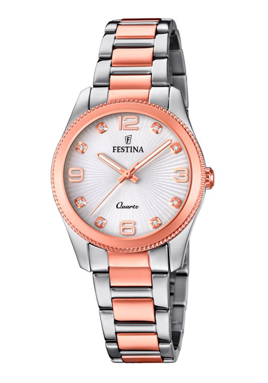 Festina Damenuhr mit roséfarbenem Zifferblatt und Edelstahlband mit Schmuckgliedern