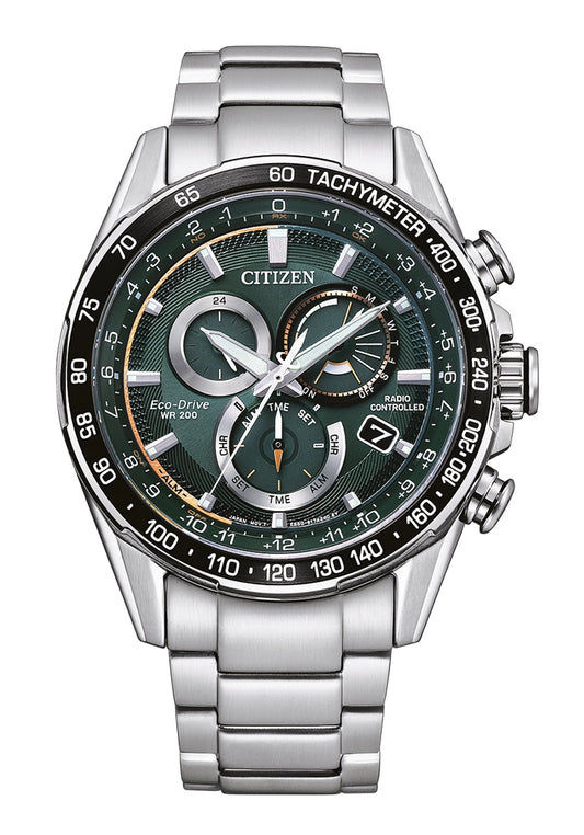 Citizen Herrenarmbanduhr mit Edelstahlband, silberner Lünette und grünem Zifferblatt