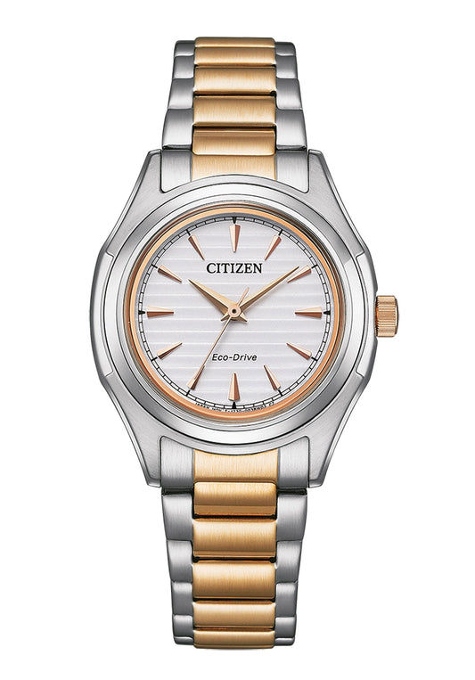 Citizen Eco-Drive Damenuhr mit silberfarbenem Gehäuse, goldfarbenem Band und weißem Zifferblatt
