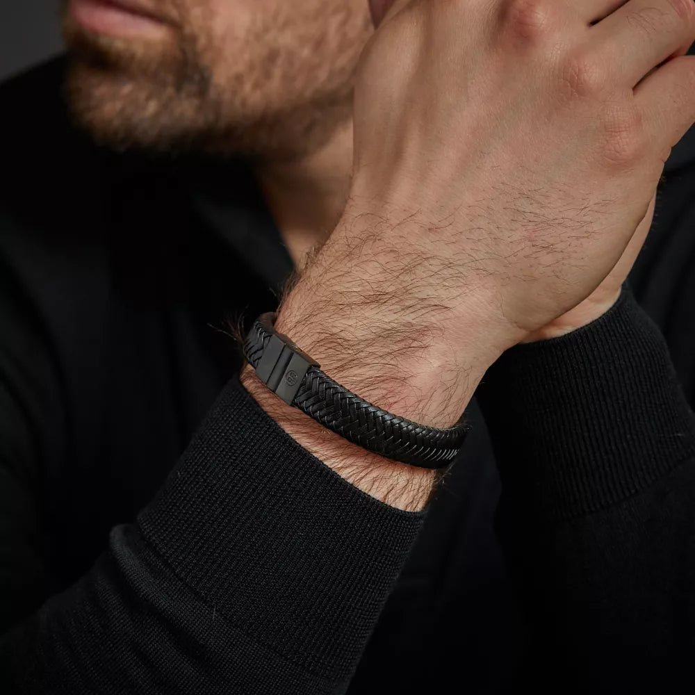 Bracelet made of 15mm thick, black leather with a black stainless steel clasp - Rebel&Rose Model: RR-M0033-B-M