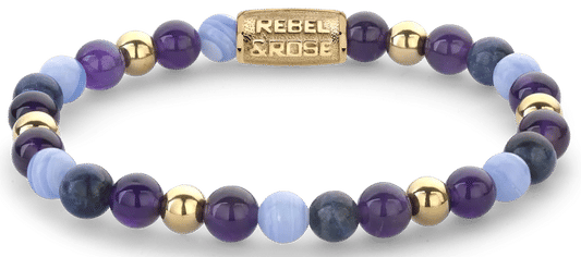 Armband aus 6mm Steinen (Amethyst, Sodalith, Achat, Stahl 18 Karat vergoldet) mit goldplattiertem Edelstahlverschluss - Rebel&Rose Modell: RR-60109-G-M
