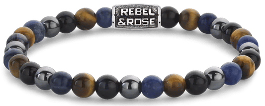 Armband aus 6mm Sodalith, gelbem Tigerauge, blauem Tigerauge und grauem Hämatit Edelsteinen mit grauem Edelstahlverschluss - Rebel&Rose Modell: RR-60110-V-M