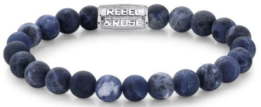 Armband aus 8mm großen Sodalitsteinen mit Edelstahlverschluss - Rebel&Rose Modell: RR-80022-S-M