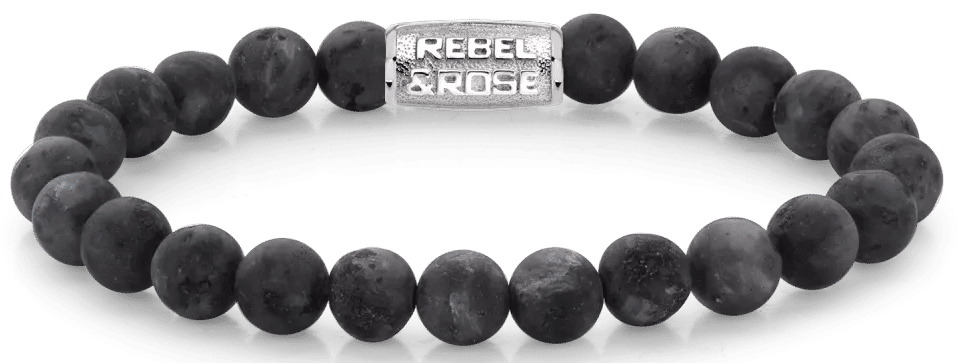 Armband aus 8mm großen Larvikit-Steinen mit Edelstahlverschluss - Rebel&Rose Modell: RR-80025-S-M