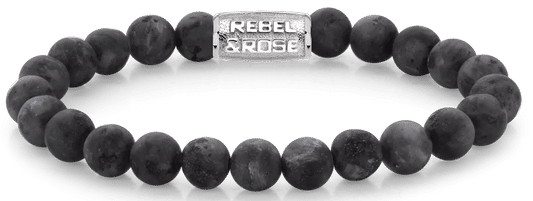 Armband aus 8mm großen Larvikit-Steinen mit Edelstahlverschluss - Rebel&Rose Modell: RR-80025-S-M