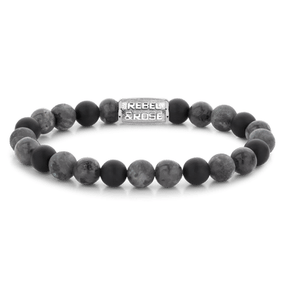 Bracelet made of 8mm grey gemstones with stainless steel clasp - Rebel&Rose Model: RR-80069-S-M