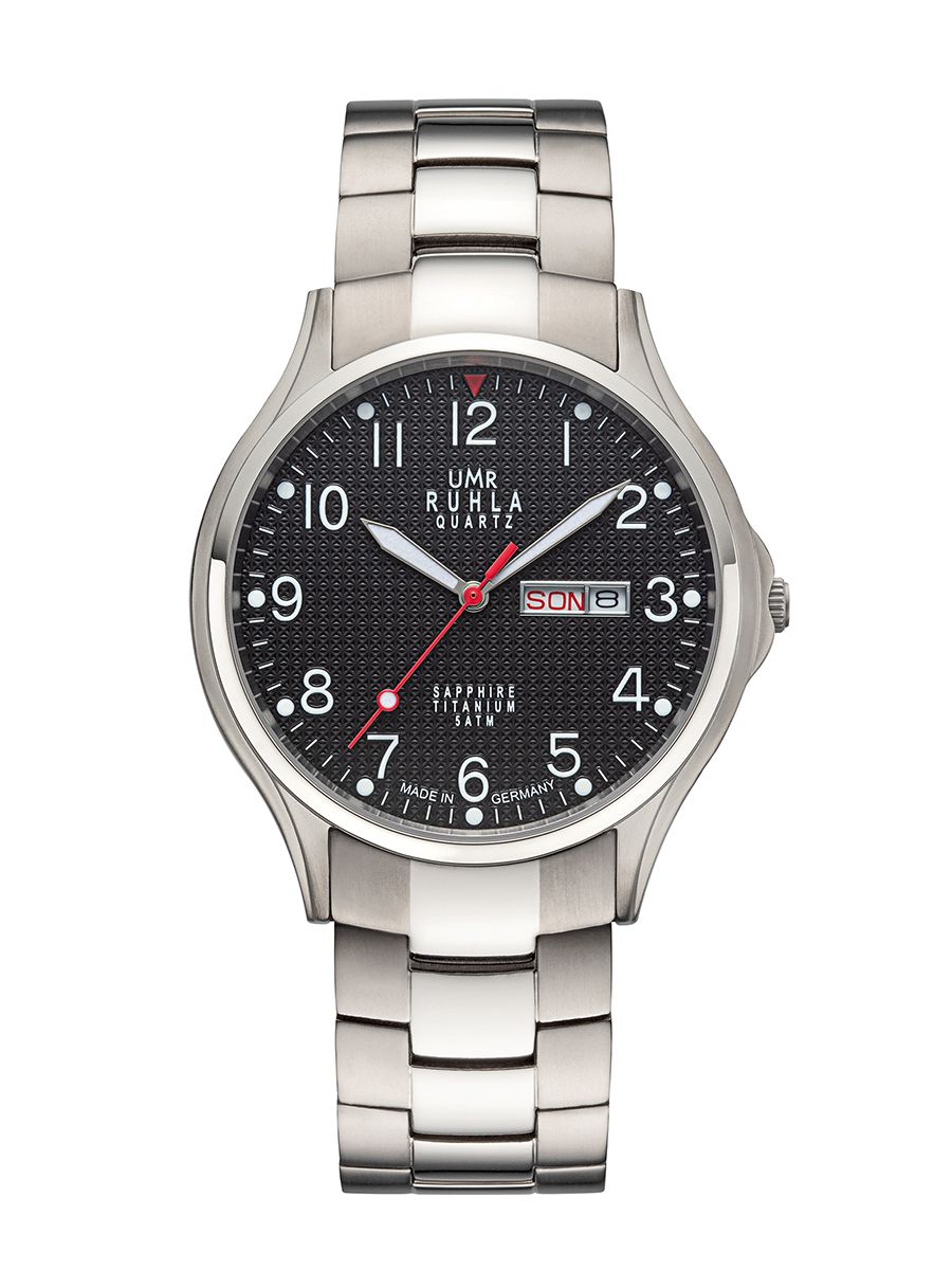 UMR Ruhla RUHLA-Classic RCL90409 Herrenuhr Schwarz • Titangehäuse satiniert/poliert • Saphirglas mit Leuchtpunkten