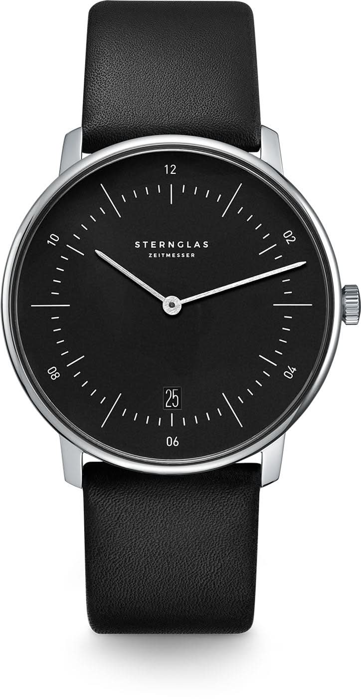 Herrenuhr mit schwarzem Zifferblatt, schwarzem Lederband und Saphirglas