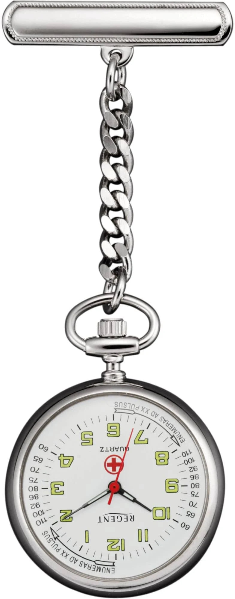 Silberne Taschenuhr mit Kette, rundes Zifferblatt mit Leuchtmarkierungen